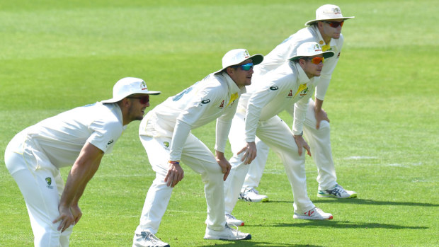 Australia's slip fielders Mitchell March, Cameron Bancroft, Steve Smith and Peter Hanscomb during day one of the Tour Match at the Ageas Bowl, Southampton