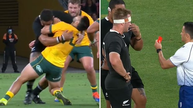 Tom Wright is hit with a high tackle direct to the chin
