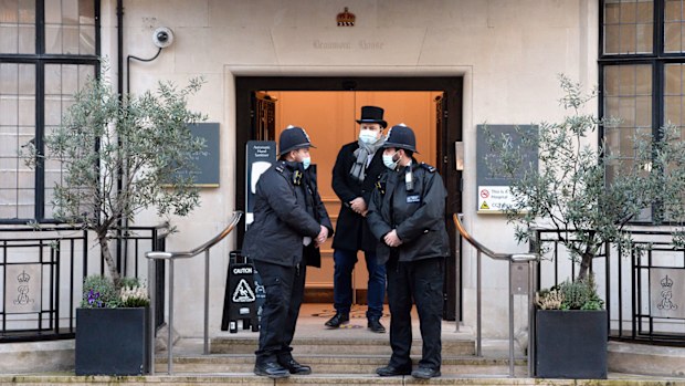 Police officers are seen outside the King Edward VII hospital where Prince Philip, Duke of Edinburgh is currently receiving treatment on February 18, 2021 in London, England