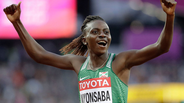 Burundi's Francine Niyonsaba reacts after winning a Women's 800m semifinal during the World Athletics Championships in London 2017