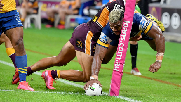 Maika Sivo of the Eels scores a try in the corner during the Round 3