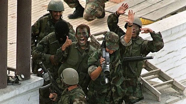 Commandos celebrating the success of the hostage-taking operation.