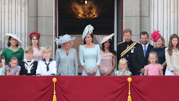 Princess Eugenie, Princess Beatrice, Camilla, Duchess Of Cornwall, Catherine, Duchess of Cambridge, Meghan, Duchess of Sussex, Prince Harry, Duke of Sussex, Peter Phillips, Autumn Phillips, Isla Phillips and Savannah Phillips on the balcony of Buckingham Palace during Trooping The Colour on June 9, 2018 in London, England. 