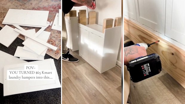 Courtney Hodgson used Kmart laundry hampers to DIY a coffee nook, this is the process
