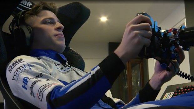 Carrera Cup driver Christian Pancione in his simulator ahead of his Bathurst debut.