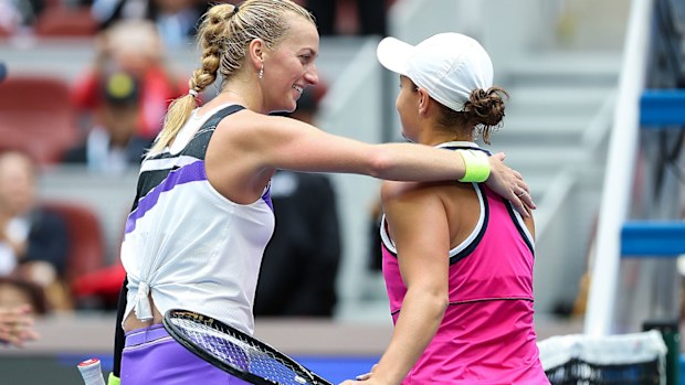 Petra Kvitova of Czech Republic congratulates to Ashleigh Barty of Australia during the Women's singles Quarter Finals 