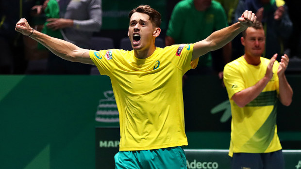 Alex De Minaur of Australia celebrates winning his match in his quarter final singles match against Denis Shapovalov 