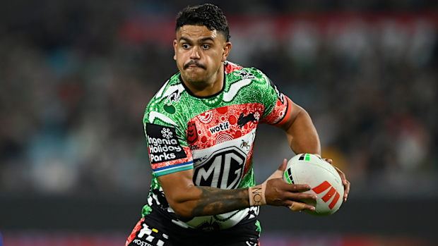 Latrell Mitchell in action for the Rabbitohs against the Eels in round 12.