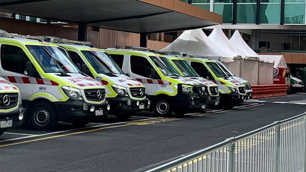Ambulances lined up outside Sunshine Hospital in Melbourne.