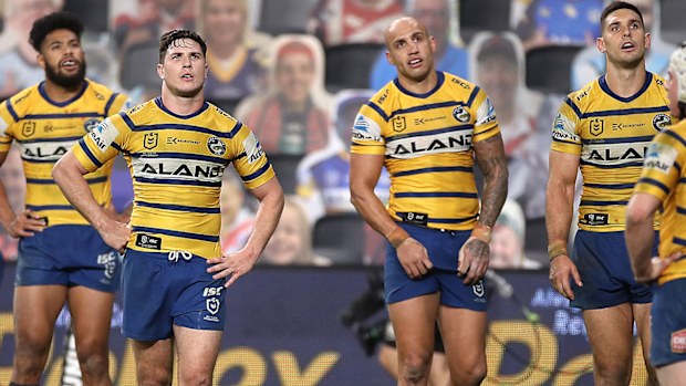 Mitchell Moses and Blake Ferguson of the Eels looks dejected after the Roosters scored a try