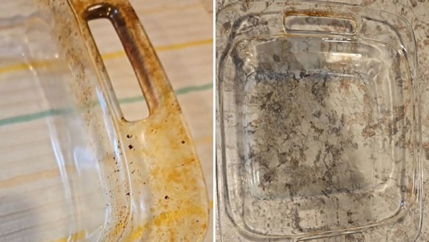 Mindy Hyer used a DIY cleaning paste hack to clean her grease-stained glass dish