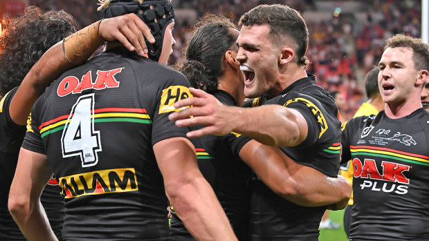  Nathan Cleary of the Panthers celebrates with Matt Burton 