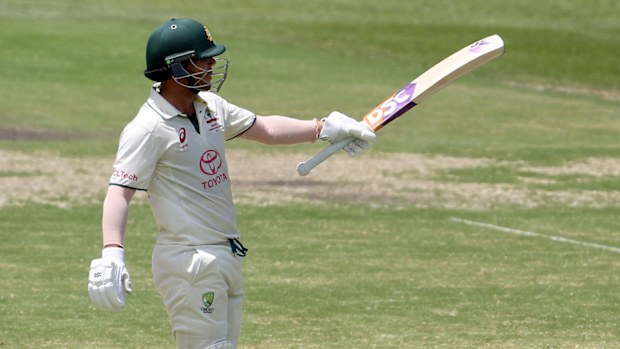 David Warner of Australia celebrates after scoring fifty runs during day four of the Men's Third Test Match in the series between Australia and Pakistan at Sydney Cricket Ground on January 06, 2024 in Sydney, Australia. (Photo by Jason McCawley - CA/Cricket Australia via Getty Images)