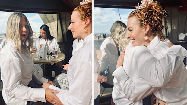 Leane Flynn and Emma Watkins embrace at the 2023 Witchery White Shirt event.