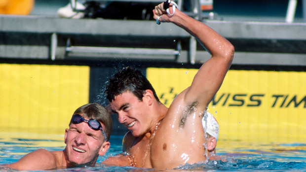 Jon Sieben celebrates stunning Michael Gross to win gold in the 200m butterfly at the Los Angeles 1984 Olympics.