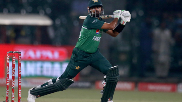 Pakistan's Babar Azam bats during the second one day international cricket match against Australia at Gaddafi Stadium in Lahore.