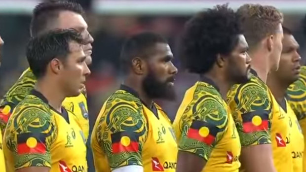 The Aboriginal flag on the Wallabies jersey at the 2017 Bledisloe Cup