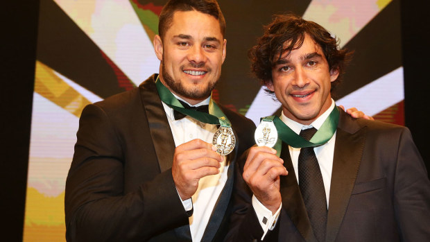 Jarryd Hayne and Johnathan Thurston shared the 2014 Dally M player of the year award.