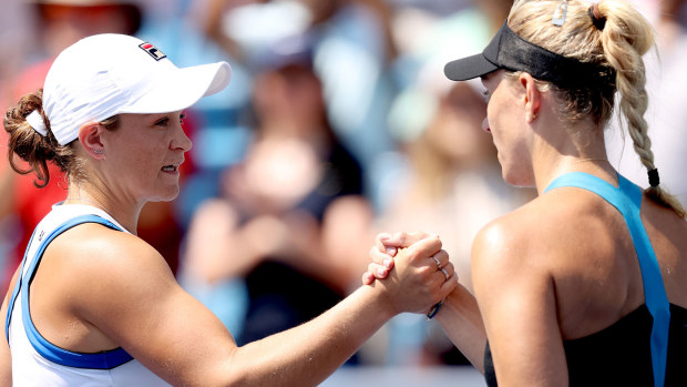 Ashleigh Barty of Australia is congratulated by Angelique Kerber of Germany during the semifinals of the Western & Southern Open at Lindner Family Tennis Center on August 21, 2021 in Mason, Ohio. (Photo by Matthew Stockman/Getty Images)