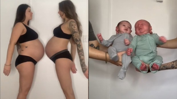 Left: sisters bumping pregnant bellies together, Right: two babies