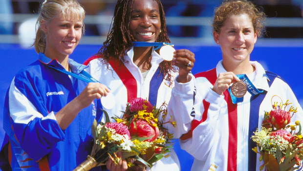 Monica Seles (right) claimed the bronze medal at the Sydney Olympics in 2000, defeating Jelena Dokic. Venus Williams won gold and  Elena Dementieva silver.