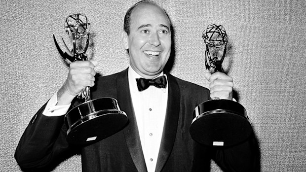 In this May 26, 1963 file photo, Carl Reiner shows holds two Emmy statuettes presented to him as best comedy writer for the "Dick Van Dyke Show," during the annual Emmy Awards presentation in Los Angeles. 