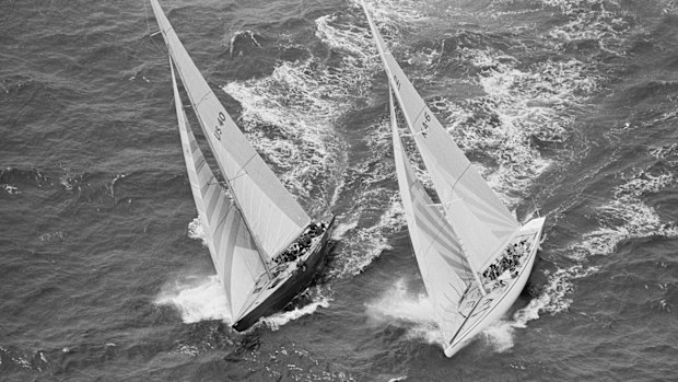 Liberty (left) and Australia II battle during the 1983 America's Cup.