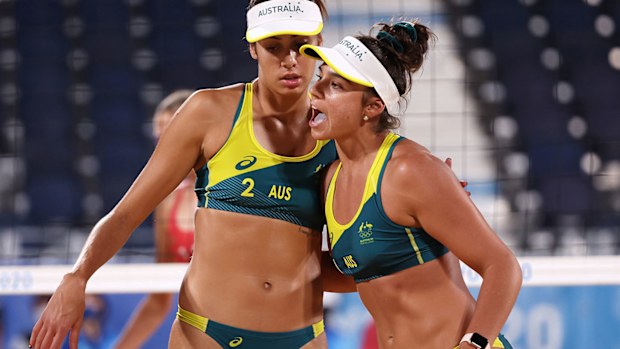 Mariafe Artacho del Solar #1 and Taliqua Clancy #2 of Team Australia  during their beach volleyball quarter-final against Canada at the Tokyo Olympics.