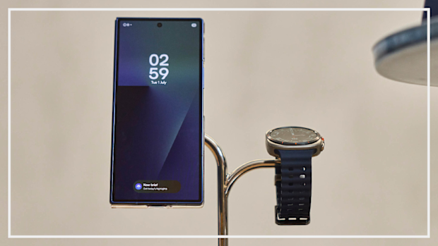 The Galaxy Z Fold 7 on the left and the Galaxy Watch Ultra on the right.