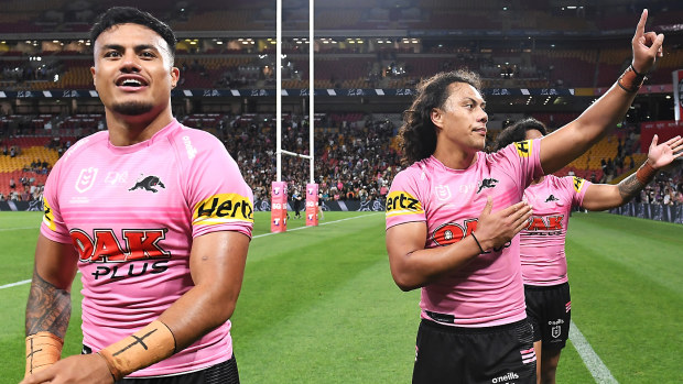 Spencer Leniu and Jerome Luai of the Panthers 