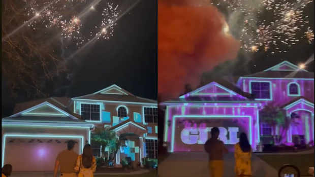 Extravagant gender reveal party with lights show, fire works and smoke bombs.