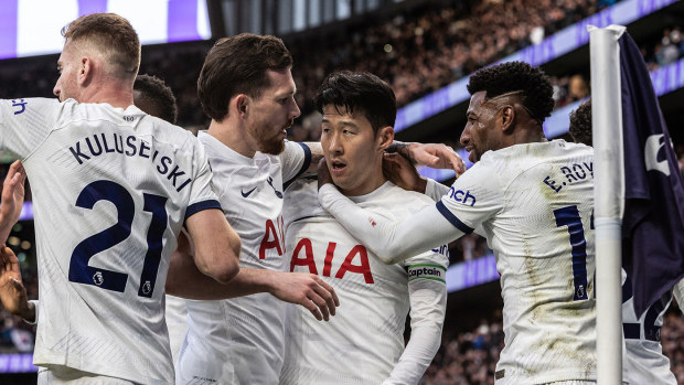Tottenham Hotspur's Son Heung-Min (2nd right) celebrates scoring his side's third goal with team mates during the Premier League match between Tottenham Hotspur and Crystal Palace at Tottenham Hotspur Stadium on March 2, 2024 in London, England. (Photo by Andrew Kearns - CameraSport via Getty Images)