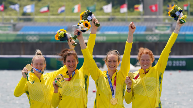 From left: Lucy Stephan, Rosemary Popa, Jessica Morrison and Annabelle McIntyre celebrate winning gold in the women's four at the Tokyo 2021 Olympics.