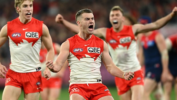 Sydney's Tom Papley celebrates a goal against Melbourne