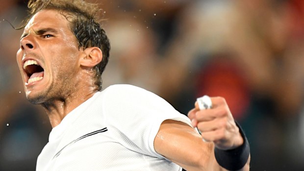 Rafael Nadal celebrates victory over Gael Monfils at the Australian Open. (AAP)
