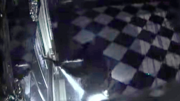This photo taken from a video of a CCTV camera shoes a person in black clothes, center, destroying display cases with jewels inside theGreen Vault in Dresden.