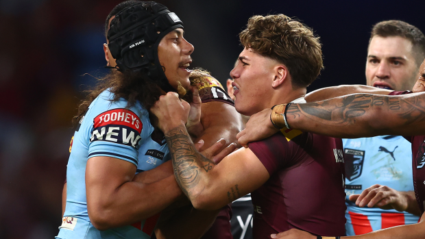 Jarome Luai of the Blues and Reece Walsh of the Maroons scuffle during game two of the State of Origin series.