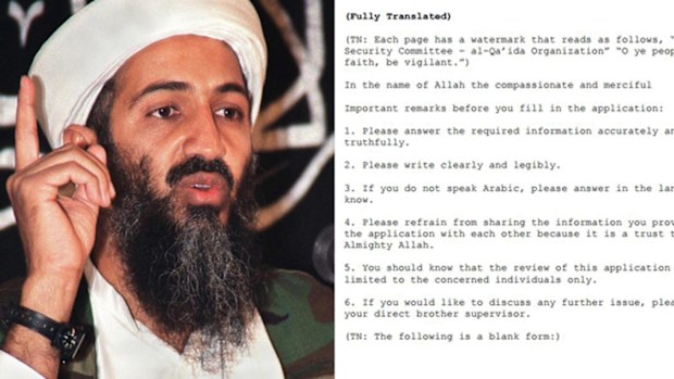 Former al Qaeda leader Osama bin Laden, alongside the job application form for the terror organisation.