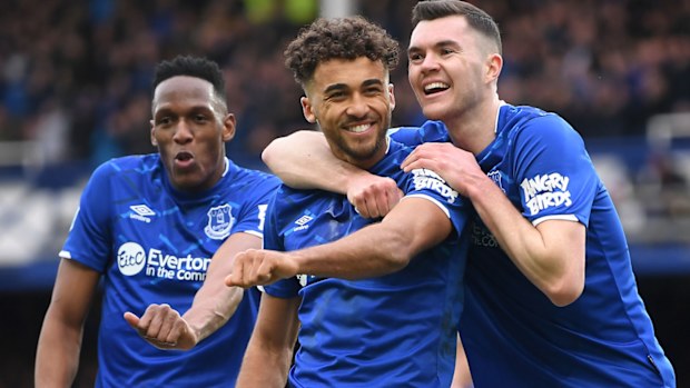 Dominic Calvert-Lewin of Everton celebrates with teammates after scoring his team's third goal