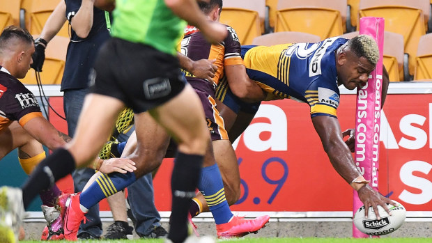 Maika Sivo of the Eels scores a try during the round three NRL match between the Brisbane Broncos and the Parramatta Eels
