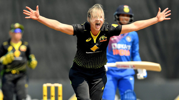 Ellyse Perry of Australia appeals for an lbw during game five of the Women's One Day International series