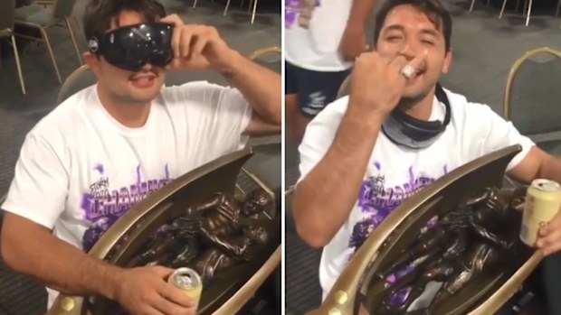Brandon Smith impersonates Dion Waiters in Storm's Grand Final celebrations. 