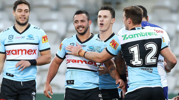  Braydon Trindall of the Sharks celebrates with his team mates after scoring a try during the round 17 NRL match between the Cronulla Sharks and the New Zealand Warriors at Netstrata Jubilee Stadium, on July 11, 2021, in Sydney, Australia. (Photo by Mark Kolbe/Getty Images)