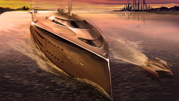 A rendering for the Cobra concept, a new superyacht design that's powered by re-purposed jet engines. 