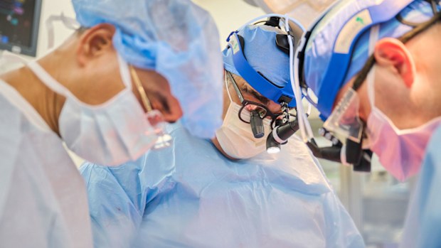 Nader Moazami (centre) leads a surgical team as a genetically modified pig heart is transplanted into a recently deceased donor.