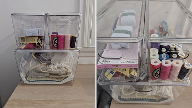 Sewing room storage makeover with Kmart's smooth and shiny plastic tubs