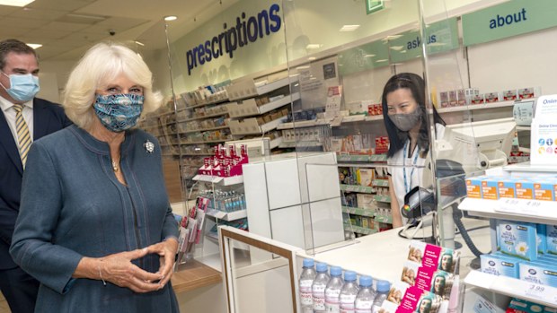 Camilla, Duchess of Cornwall wears a face mask during a visit to Boots Piccadilly Store to hear about their support of the charity Hestia's Safe Spaces programme for victims of domestic violence as well as to learn about the company's response to the coronavirus crisis on July 28, 2020 in London, England