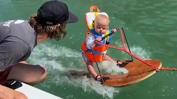 Six-month-old Rich Casey Humpherys water skiing in a video posted to Instagram by his parents