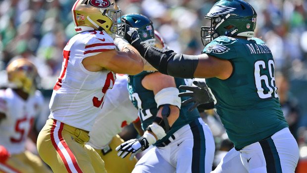 Philadelphia Eagles T Jordan Mailata (68) blocks San Francisco 49ers DL Nick Bosa
