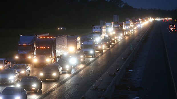 Traffic is jammed on I-10 westbound amid evacuations ahead of Hurricane Delta on Thursday in Lake Charles, Louisiana